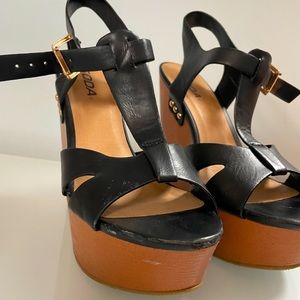 Soda Brand Black and Tan Strapy Wedge Heels